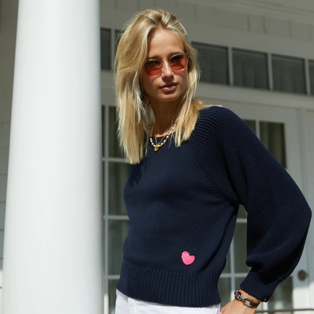Navy Blue Sweater with Pink Heart Accent